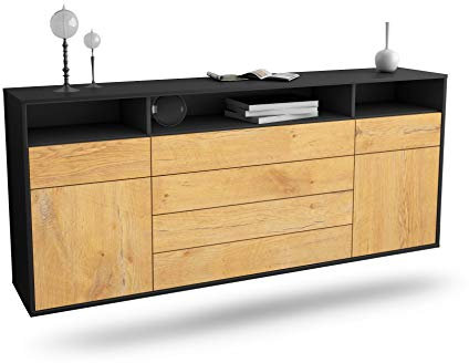 Dekati Sideboard Bellevue hängend (180x77x35cm) Korpus anthrazit matt - Front Holz-Design Eiche - Push to Open - Leichtlaufschienen