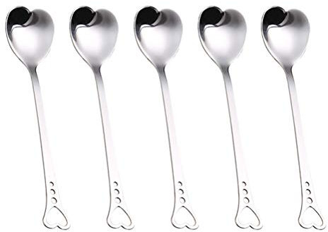 BESTONZON 5pcs in acciaio inox a forma di cuore cucchiai carino scoop agitazione cucchiaio da tavola per dessert torta di caffè