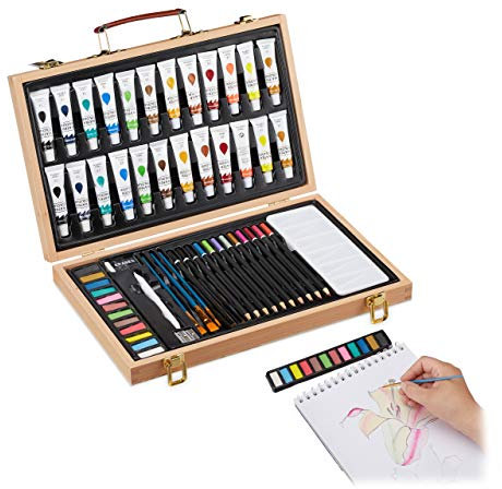 Relaxdays Valigetta con Kit da Pittura e Disegno, 56 Accessori, Matite Gomma Temperino Acquerelli, Legno Naturale, 5 cm