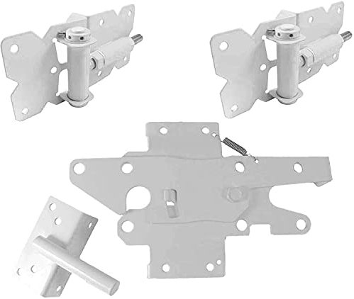 Jake Sales Selbstschließendes Vinyl-Zauntor-Set für Einzeltor, Weiß (für Vinyl, PVC usw. Fechten), Zauntor-Set – Einzelzauntor-Set hat 2 Scharniere und 1 Verriegelung mit Schrauben (beidseitig