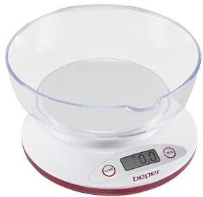 BEPER BP.802 Balance de cuisine numérique, bol transparent amovible, aliments solides et liquides, capteur haute précision, jusqu'à 5 kg, affichage LCD, unités Gram et Libre, Blanc/Rouge