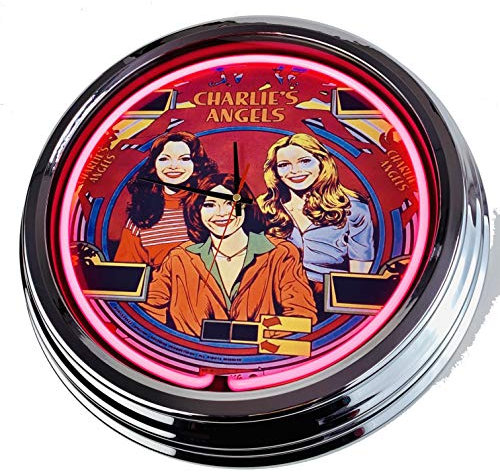 Neon Uhr Flipper Charlies Angels Gottlieb 1978 Wanduhr Deko-Uhr Leuchtuhr USA 50's Style Retro Neonuhr Esszimmer Küche Wohnzimmer Büro (Pink)