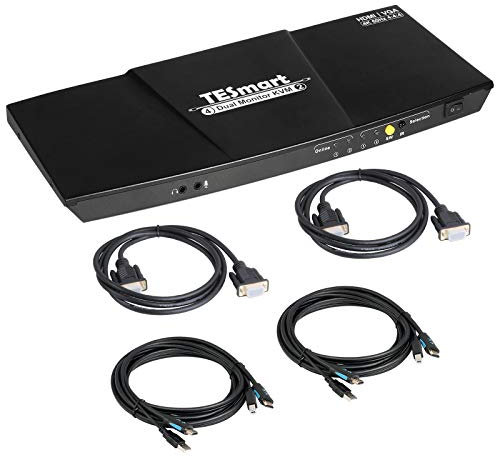 TESmart Monitor dual 2x2 HDMI+VGA KVM Switch 4K @60Hz 4:4:4 Ultra HD 2 PC 2 Monitor con puerto USB 2.0 adicional y salida de audio L/R incluye 2 cables KVM de 5 pies, negro mate