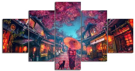 MPPSU Japanische Anime Styles Kimono Girl Wanddekoration Wohnzimmer Leinwandbild Jugendzimmer Poster Set Modern 5 Teiliges Wandbild Bedroom Decor XXL Bilder Mit Rahmen 150 * 80cm