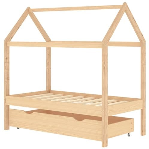 vidaXL Bois de Pin Massif Cadre de Lit d'enfant avec Tiroir Cabane de Lit d'enfant Sommier à Lattes Chambre à Coucher Maison Intérieur 70x140 cm