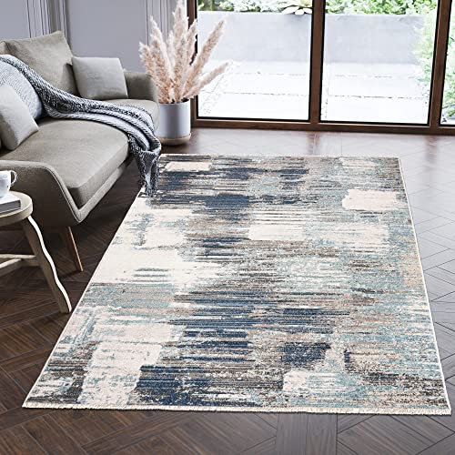 Carpeto Rugs Modern Teppich Abstrakt Muster mit Fransen - Lebendige Farben, Baumwollrücken, Kurzflor Niedriger Flor - Grau Beige 120 x 170 cm