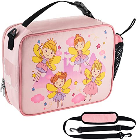 HeavenlyUnicorns Insulated Fairy Kids Lunch Bag for Girls Child with Bottle Holder, Carry Handle & Shoulder Strap, Kids Lunch Box Snack Box Thermal Tote Cooler Bag for School Picnic Outdoor or Work