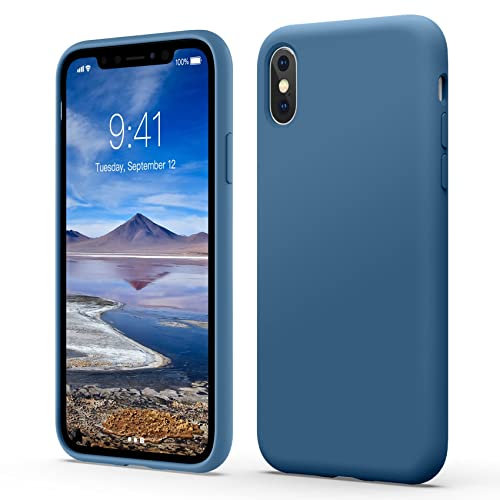 Flyzoo Flüssige Silikon Case für iPhone X(10) | XS Hülle (5,8), Kratzfest & Anti-fingerabdruck Handyhülle mit Rundumschutz: 4-Schicht Schutzhülle, Erhöhter Rand für Bildschirm & Kamera, Blau