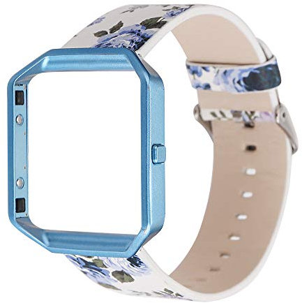 AsohsEN Damen-Blumenarmband für Fitbit Blaze, echtes weiches Leder, Ersatzarmband, Metallrahmen für Fitbit Blaze Smart Fitness-Uhr (Weiß, Blau + Blau)