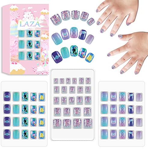 Laza 64 Stück Kindernägel, zum Aufdrücken, Vorklebung, volle Abdeckung, Glitzer, tropische Fischschalen, kurze künstliche Nägel, Kits für Kinder, Teenager, Mädchen, Blau/Lila/Meerjungfrau