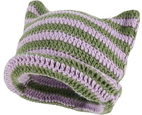 SINSEN Damen-Strickmütze mit Ohren, gestrickt, warm, elastisch, für Mädchen, Erwachsene, Kinder, violett, Einheitsgröße