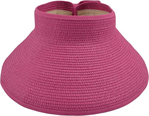 AUSUAYA Women Foldable Sun Protection Straw Visor, Roll Up Wide Brim Packable Beach Hat with Ponytail Hole for Travel GB- SM01 (Rose)