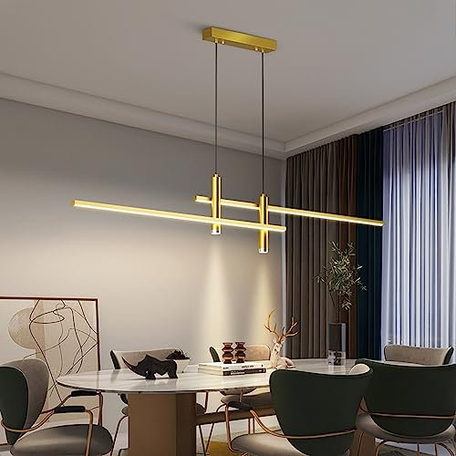 Bellastein Moderne LED Pendelleuchte Esstisch Hängelampe Dimmbar Mit Fernbedienung Esszimmer Hängeleuchte Esszimmerlampe Pendellampe Höhenverstellbar Kronleuchter für Büro Hängeleuchte (Gold, L150cm)