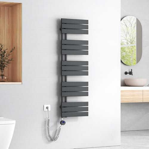 EMKE Badheizkörper Elektrisch 1320x400 mm, Handtuchheizkörper Elektrisch mit Thermostat Elektrischer Handtuchwärmer Handtuchtrockner Handtuchheizung Handtuchhalter mit Heizstab Anthrazit 600W