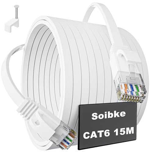 Soibke Cable Ethernet 15 metros, Cable de red Cat 6 15m Exterior Cable Internet, Alta Velocidad Gigabit Cable LAN Largo Cable RJ45 Cable de Conexión Plano para Módem Rúter, Blanco
