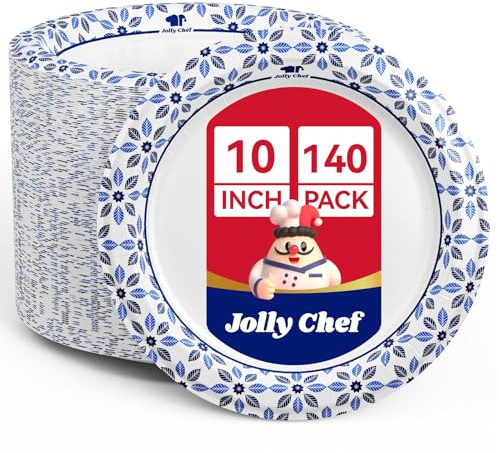 JOLLY CHEF 10 inch Disposable Paper Plates 140 Count, Soak Proof, Cut Proof, Heavy Duty Paper Plates for Everyday Use