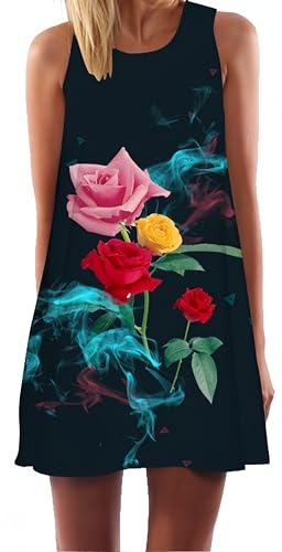 Ocean Plus Femme Multicolore Paréo Trapèze sans Manche Robe de Plage Haut Décontracté Flamant Loisir Feuilles Mini Robe (L (EU 38-40), Roses colorées et fumée)