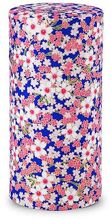 Japanische Teedose (Yuzen Washi-Papier – Sakura in voller Blüte,Blau), 200 ml Größe, hergestellt in Japan, mit Innendeckel aus luftdichtem, Tee, Gewürze und mehr