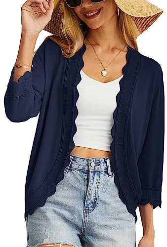 GRECERELLE Womens Summer Cardigan Lightweight Soft Casual Cropped Knit Shrugs Jumper Womens Tops for Dress Summer Evening Wedding (Navy Blue, L)