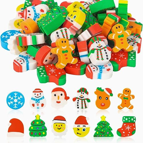 50 Stück Weihnachten Radiergummi, Cartoon Weihnachtsmuster Radiergummi für Kinder, Weihnachtsmann Schneemann Neuheit Radiergummis, für Strumpf Füller Schreibwaren Geschenke, Zufällige Farben