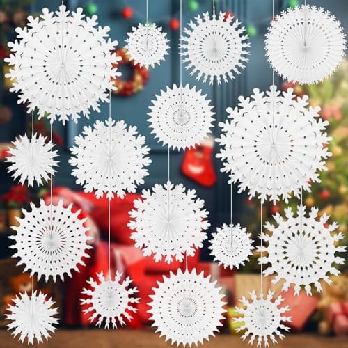 Fowecelt 16Pcs White Paper Snowflakes Christmas Hanging Decorations Tissue Fan for Ceiling Window Xmas Tree Winter Wonderland Birthday Party Decor
