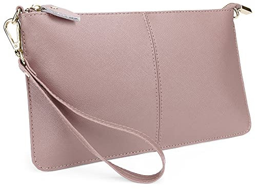 UTO Sac Pochette Femme Cuir Véritable Bandouliere Clutches avec Dragonne Grand Capacité Feuilles creuses rose