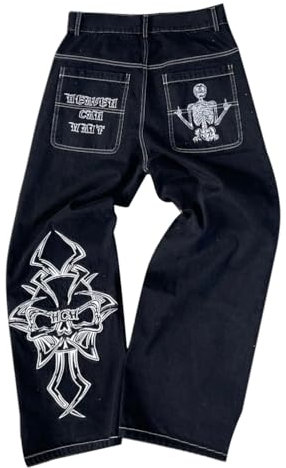 ORANDESIGNE Y2k Jeans Herren Hip Hop Retro Schädel Stickerei Gewaschen Baggy Denim Hose Lässig Lose Weites Bein Hose Streetwear A Weiß S