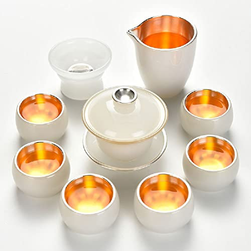 DOOKAA Set da Te Set Te Set da tè Kung Fu Cinese con Servizio da tè Set da tè Kung Fu smaltato in Oro intarsiato con Coperchio in Argento Ciotola Tazza da tè Justice Cup Set Completo(Color:10,Size:)