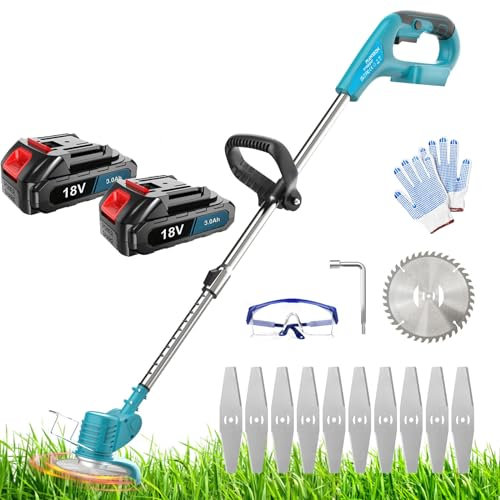 Akku-Rasentrimmer, Ersatz für Makita 18V DUR181Z, kompatibel mit Makita BL1830B Akku, mit 2x3000mAh Akku und Ladegerät,Verstellbarer Teleskop-Führungsholm, zum Gärten, Wiesen Trimmen