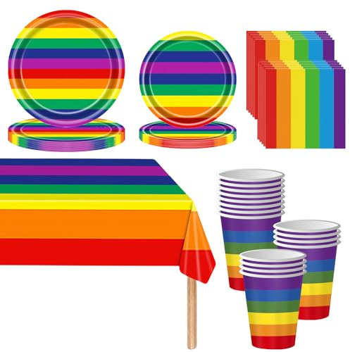 Juego de 69 piezas de vajilla de fiesta arcoíris, vajilla de fiesta arcoíris, platos de papel arcoíris, servilletas, vasos y mantel para cumpleaños de niños, vajilla LGBTQ de colores para suministros