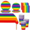 Juego de 69 piezas de vajilla de fiesta arcoíris, vajilla de fiesta arcoíris, platos de papel arcoíris, servilletas, vasos y mantel para cumpleaños de niños, vajilla LGBTQ de colores para suministros