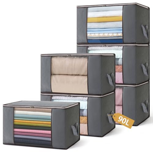 Boic 6 Pezzi Scatole Per Armadio 90L, Pieghevole Organizer Salvaspazio Per Vestiti, Contenitori Per Trapunte, Coperte, Biancheria Da Letto - Grigio