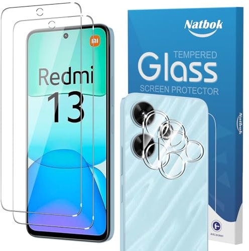 Natbok 2+2 Stück Schutzfolie für Xiaomi Redmi 13 6,79 mit Kamera Panzer Schutz Glas Schutzglas, Ultra-klar Schutzfolie, 9H Härte,Ultrabeständig,Anti-Kratzen, Anti-Bläschen Displayschutzfolie