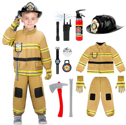 deAO Set di Costumi da America Pompiere con estintore, Cappelli, Walkie-talkie, Orologi, Bussole, Strumenti, Gioco di Ruolo per Bambini, Regali di compleanno, Halloween, Giallo, Taglia 100 (2-3 anni)