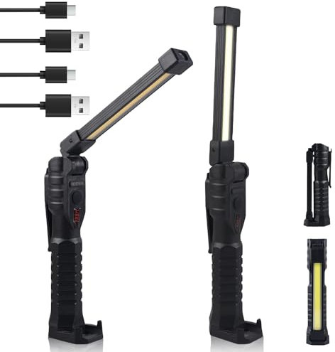 2 lámparas LED de trabajo para taller, linterna de taller, lámpara de mano recargable, 7 modos, lámpara de inspección COB con gancho magnético para reparación de coche, taller, camping
