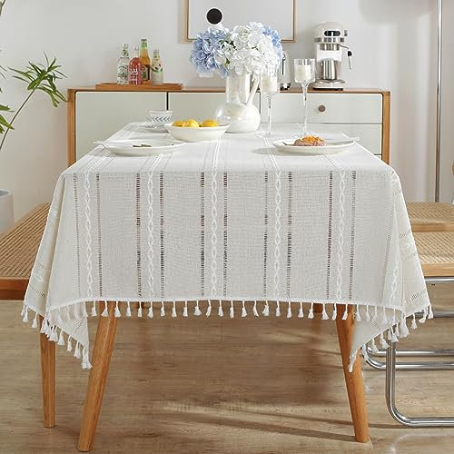 meioro Böhmische Tischdecke für Küche Dekoration, 140x180cm Makramee Tischtuch mit Quasten, Rechteckige Leinen Tischwäsche, Gestreifte Tafeldecke Mesh Tischdecken für Esstisch Tabletop(Elfenbein Weiß)