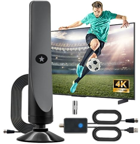 Antena TV Interior Potente con Amplificador, HDTV Digital con Ventosa y Cable Coaxial de 3m, Recepción 4K 1080P, Canales Locales VHF UHF DVB-T2, Diseño Compacto y Fácil Instalación