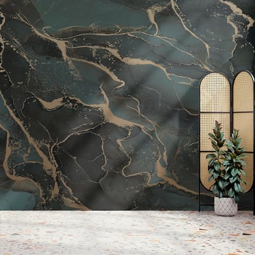 Art For The Home Marble Teal & Gold Mural | Size 3m X 2.8m | Brick/Wood | Print to Order | Eco-Friendly | Supplied as a Wallpaper roll