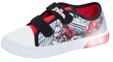 Marvel Jungen Spiderman Light Up Canvas Sneaker Kinder Pumps mit blinkenden Lichtern, Weiß / Schwarz / Grau, 27 EU