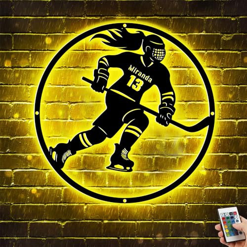 MYZQIFF Personalisierte Frauen Hockey Spieler Namensschild mit LED-Licht, benutzerdefinierte weibliche Hockey Metall Wand Kunst, kundenspezifische Hockey Neon Nachtlicht Lampe, Hockey Geschenke