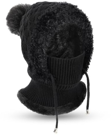 AYPOW Winter Mütze Damen mit Schal Gesichtsmaske, Thermo Strickmütze Balaclava mit Warme Fleecefutter Pompon, Weiches Dicke Beanie WintermüTZE Kapuzenschal Skimütze Hut für Outdoor