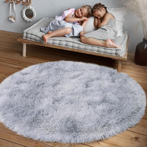BSGIFT Teppich Rund 200 cm Silbergrau, Shaggy Hochflor Teppich Wohnzimmer Flauschig, Modern Langflor Kuschelteppich Wohnzimmerteppich High-Pile Carpet rutschfest für Kinderzimmer Schlafzimmer