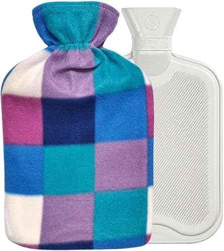 Meown 2L Hot Water Bottle with Fleece Cover – Leakproof Hot Water Bag & Natural Rubber Bottle for Period Cramps, Neck & Back Pain, Reusable Cold & Heat Therapy, Winter Bed Warmer (Blue Checks)