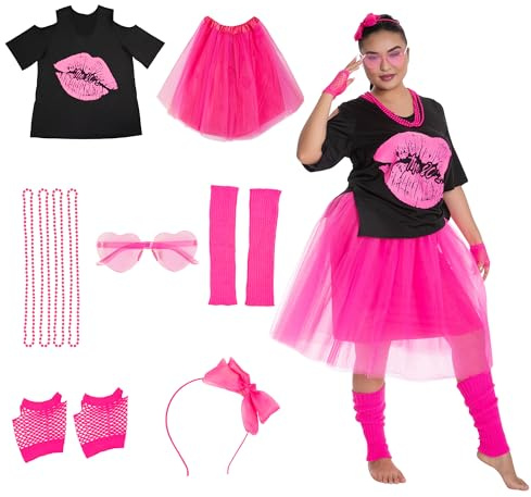 cuteDIY 80er Jahre Outfit Damen 90er 80 Er Accessoires Outfit Shirt Neon Retro Faschingskostüme