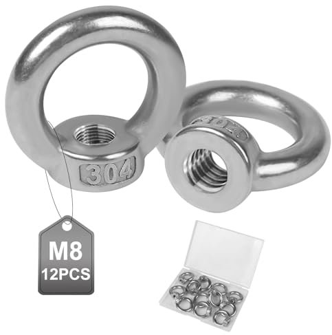 EXLECO 12 Pezzi Dado a Occhiello M8 Dadi a Occhiello in Acciaio Inox Dado di Sollevamento Bulloni ad Occhiello Golfari Femmin Dadi ad Anello per Accessori di Sollevamento e Montaggio su Fune