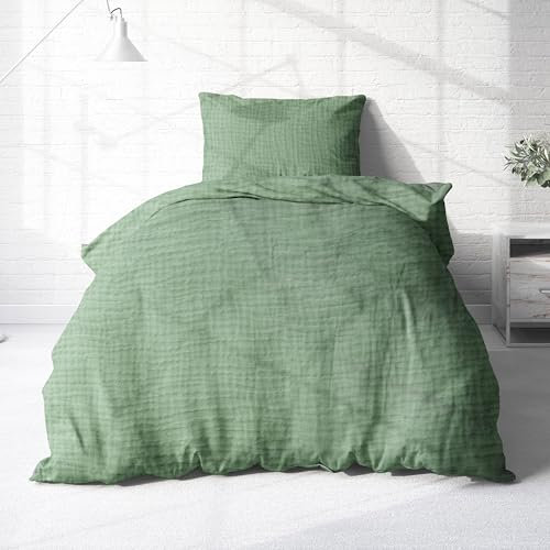 Träumschön Musselin Bettwäsche Set 155x220 & 80x80 Grün - Weiche und Luftige Bettwäsche - Feine Struktur - 100% Baumwolle
