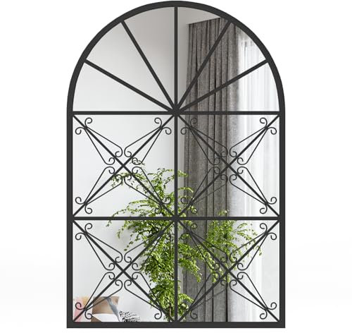 LIFEZEAL Espejo de Pared, 58 x 87 cm, Espejo Decorativo Arqueado, con Marco de Metal, Espejo HD para Salón, Recibidor, Entrada y Dormitorio, Vintage, Negro