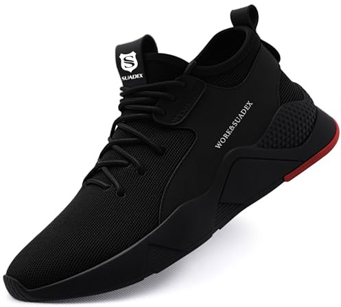 SUADEX Mens Womens Steel Toe Cap Trainers Lightweight Puncture Resistant Safety Shoes Non Slip Work Shoes (B Black UK Size 8)