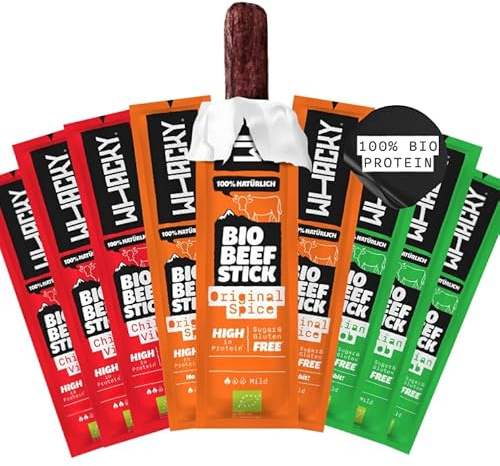 Whacky Bio Beef Sticks – Mix-Packung (9x 32g) Protein Snack aus Rindfleisch – Salami Sticks ohne Zucker – Low Carb, für Fitness, Keto, Outdoor & Unterwegs – Köstlicher Geschmack in 3 Sorten