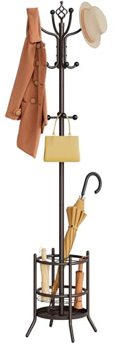Tajsoon Porte-manteau avec support parapluie, Porte-manteau en forme d'arbre autoportant avec 16 crochets, Porte-manteaux pour salon, chambre à coucher, bureau, Marron
